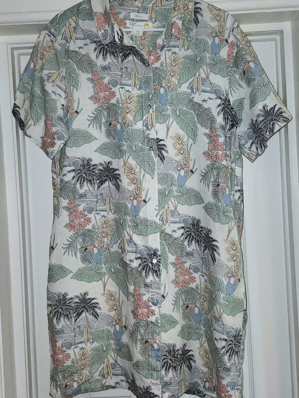 Tropical Theme Shirt Dress Full Button Front In Linen From C&C California